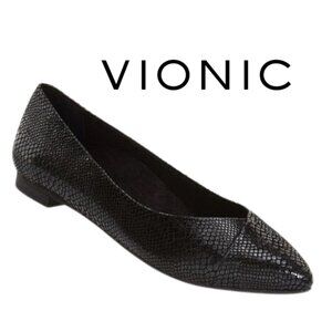 Vionic, Caballo, Snakeskin Pointed Ballet Flats Shoes, Black Snake